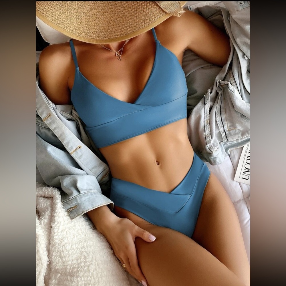 NWT Shein Surplice neck bikini swimsuit dusty blue size M/6